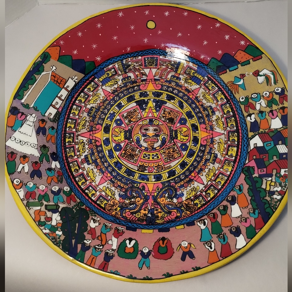 Vintage 16" Mexican Folk Art Plate Wall Decor Hand Painted Terracotta Pottery